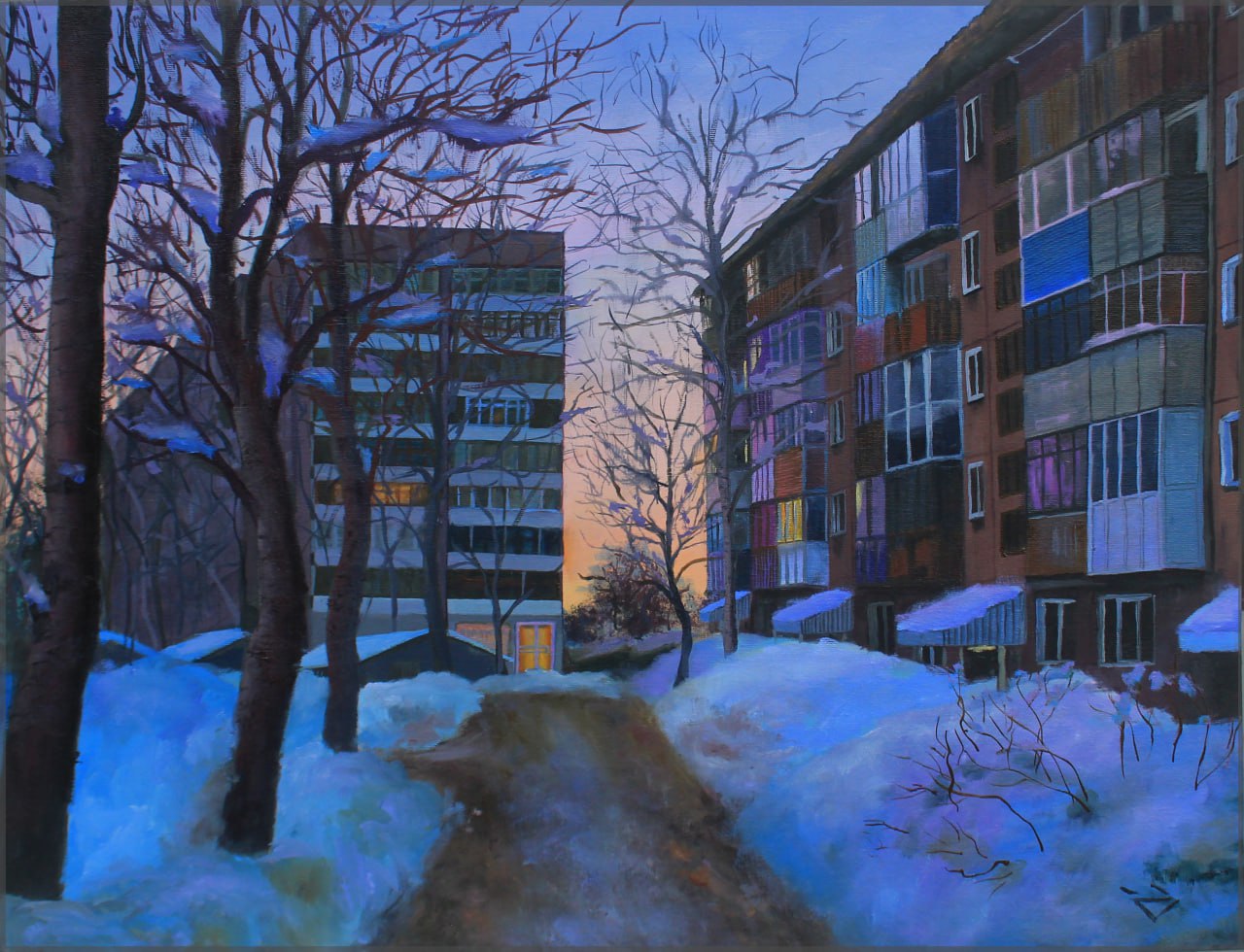 Картина маслом панельки зимой